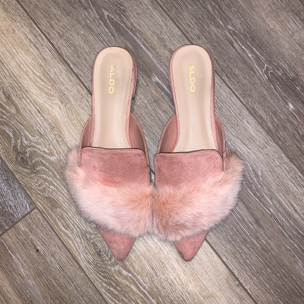 pink faux fur flats